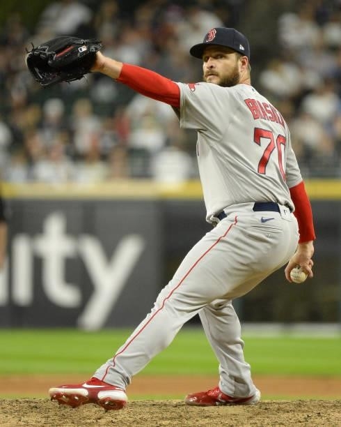 Ryan Brasier of the Boston Red Sox pitches against the Chicago White Sox on September 10, 2021 at Guaranteed Rate Field in Chicago, Illinois.