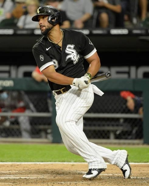 Jose Abreu of the Chicago White Sox bats against the Boston Red Sox on September 10, 2021 at Guaranteed Rate Field in Chicago, Illinois. The White...