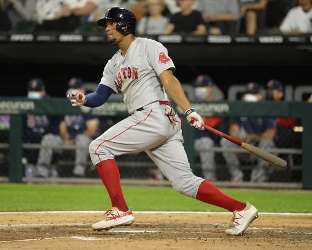 Xander Bogaerts of the Boston Red Sox bats against the Chicago White Sox on September 10, 2021 at Guaranteed Rate Field in Chicago, Illinois.