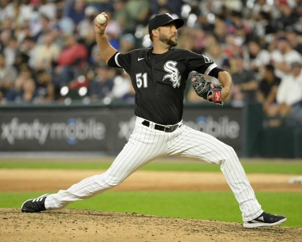Ryan Tepera of the Chicago White Sox pitches against the Boston Red Sox on September 10, 2021 at Guaranteed Rate Field in Chicago, Illinois.