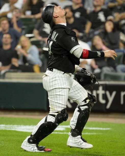Yasmani Grandal of the Chicago White Sox catches against the Boston Red Sox on September 10, 2021 at Guaranteed Rate Field in Chicago, Illinois. The...