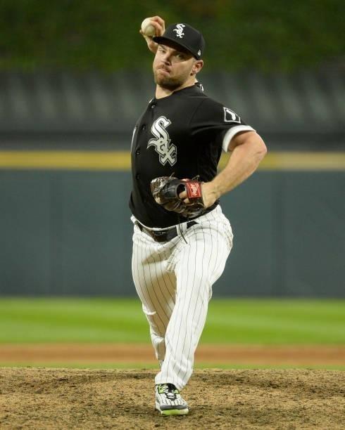 Liam Hendriks of the Chicago White Sox pitches against the Boston Red Sox on September 10, 2021 at Guaranteed Rate Field in Chicago, Illinois. The...