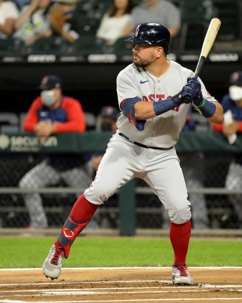 Kyle Schwarber of the Boston Red Sox bats against the Chicago White Sox on September 10, 2021 at Guaranteed Rate Field in Chicago, Illinois.