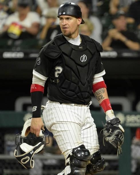 Yasmani Grandal of the Chicago White Sox looks on against the Boston Red Sox on September 10, 2021 at Guaranteed Rate Field in Chicago, Illinois. The...