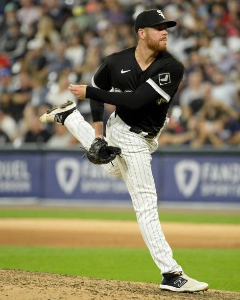 Aaron Bummer of the Chicago White Sox pitches against the Boston Red Sox on September 10, 2021 at Guaranteed Rate Field in Chicago, Illinois. The...