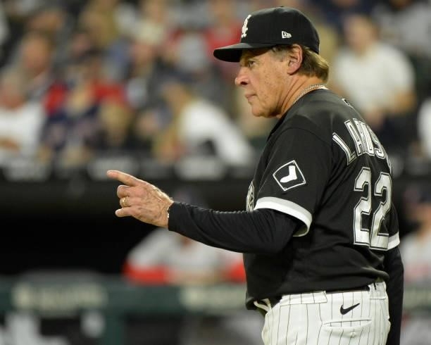 Manger Tony La Russa of the Chicago White Sox signals to make a pitching change against the Boston Red Sox on September 10, 2021 at Guaranteed Rate...
