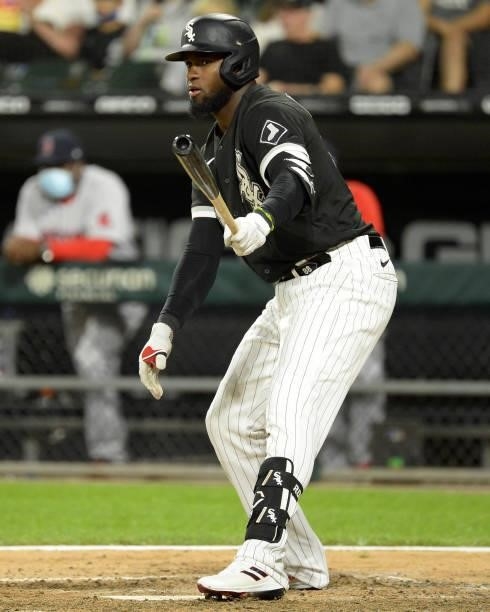 Luis Robert of the Chicago White Sox bats against the Boston Red Sox on September 10, 2021 at Guaranteed Rate Field in Chicago, Illinois. The White...