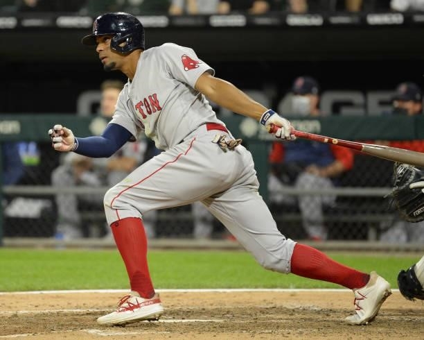Xander Bogaerts of the Boston Red Sox bats against the Chicago White Sox on September 10, 2021 at Guaranteed Rate Field in Chicago, Illinois.