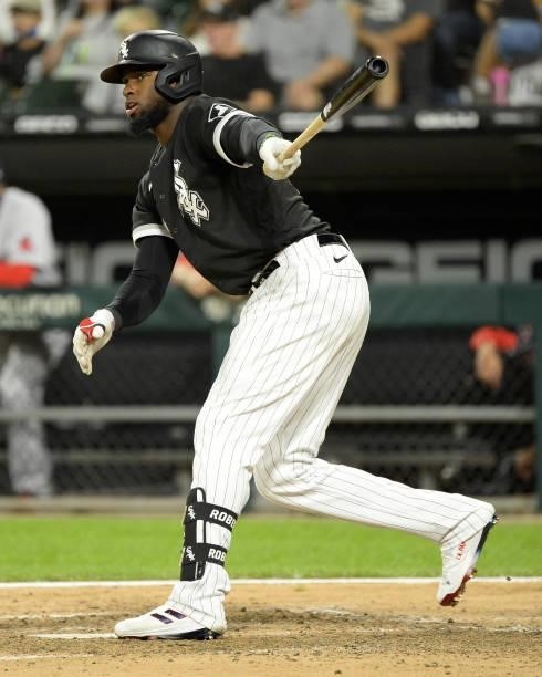 Luis Robert of the Chicago White Sox bats against the Boston Red Sox on September 10, 2021 at Guaranteed Rate Field in Chicago, Illinois. The White...