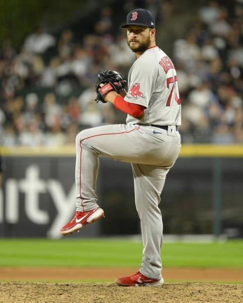 Ryan Brasier of the Boston Red Sox pitches against the Chicago White Sox on September 10, 2021 at Guaranteed Rate Field in Chicago, Illinois.