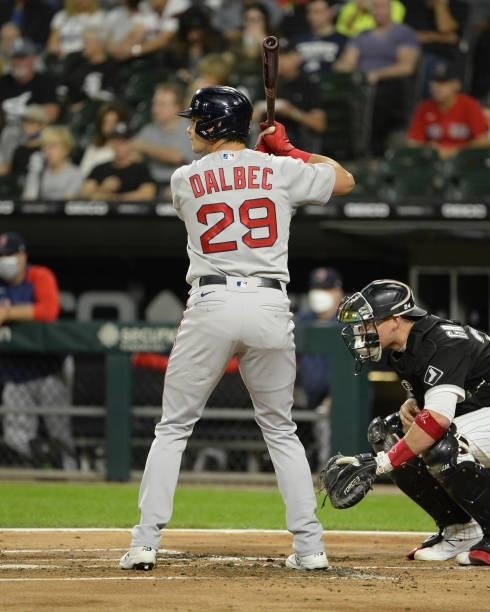 Bobby Dalbec of the Boston Red Sox bats against the Chicago White Sox on September 10, 2021 at Guaranteed Rate Field in Chicago, Illinois.