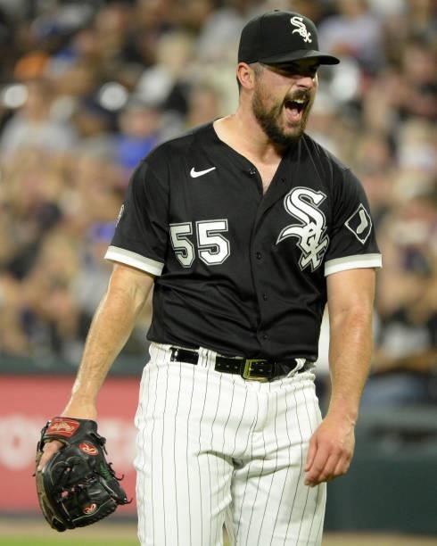 Carlos Rodon of the Chicago White Sox reacts after recording the final out of the second inning against the Boston Red Sox on September 10, 2021 at...