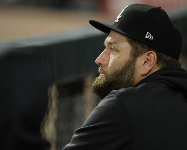 Lance Lynn of the Chicago White Sox looks on against the Boston Red Sox on September 10, 2021 at Guaranteed Rate Field in Chicago, Illinois. The...