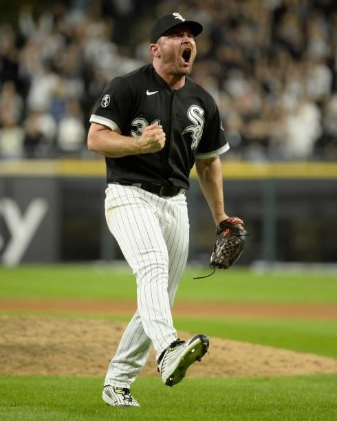 Liam Hendriks of the Chicago White Sox reacts after recording the final out of the game against the Boston Red Sox on September 10, 2021 at...