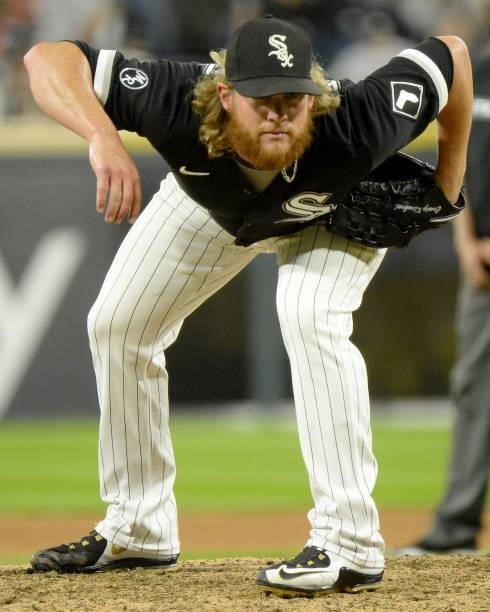 Craig Kimbrel of the Chicago White Sox pitches against the Boston Red Sox on September 10, 2021 at Guaranteed Rate Field in Chicago, Illinois. The...