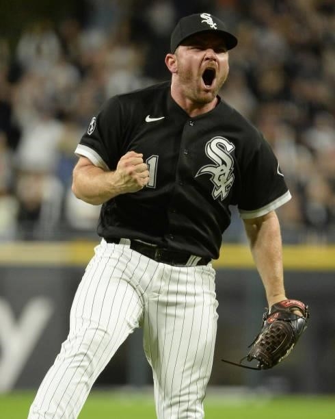 Liam Hendriks of the Chicago White Sox reacts after recording the final out of the game against the Boston Red Sox on September 10, 2021 at...