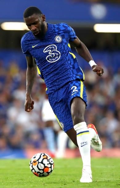 Antonio Rudiger of Chelsea FC controls the ball during the Premier League match between Chelsea and Aston Villa at Stamford Bridge on September 11,...