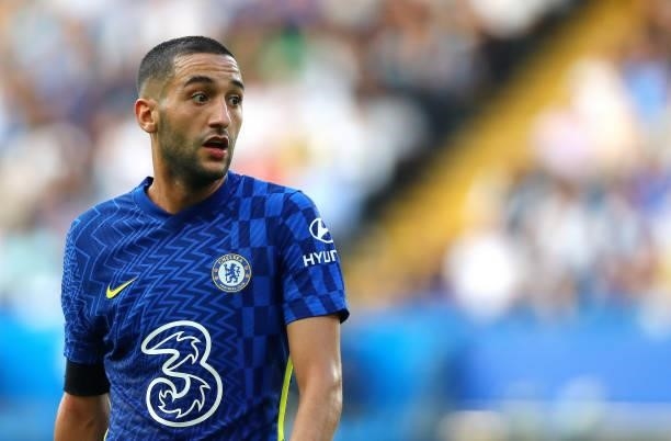 Hakim Ziyech of Chelsea FC in action during the Premier League match between Chelsea and Aston Villa at Stamford Bridge on September 11, 2021 in...