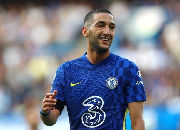 Hakim Ziyech of Chelsea FC in action during the Premier League match between Chelsea and Aston Villa at Stamford Bridge on September 11, 2021 in...