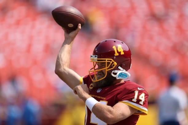Ryan Fitzpatrick of the Washington Football Team warms up prior to the game against the Los Angeles Chargers at FedExField on September 12, 2021 in...
