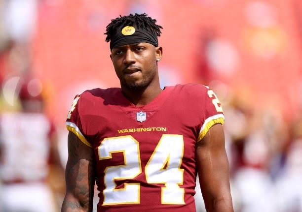 Antonio Gibson of the Washington Football Team looks on prior to the game against the Los Angeles Chargers at FedExField on September 12, 2021 in...