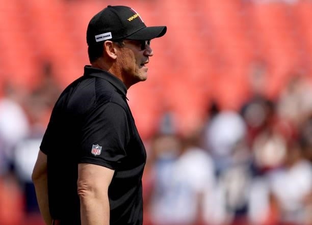 Head coach Ron Rivera of the Washington Football Team looks on prior to the game against the Los Angeles Chargers at FedExField on September 12, 2021...