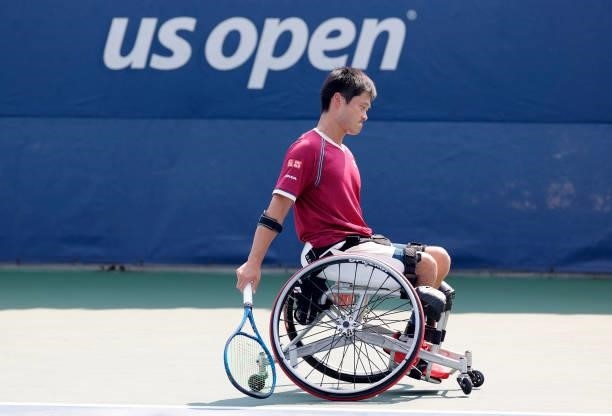 Shingo Kunieda of Japan looks on as he plays against Alfie Hewett of Great Britain during his Wheelchair Men's Singles final match on Day Fourteen of...