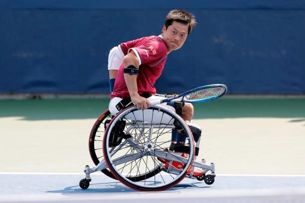 Shingo Kunieda of Japan looks on against Alfie Hewett of Great Britain during his Wheelchair Men's Singles final match on Day Fourteen of the 2021 US...