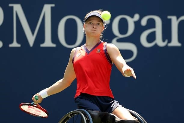 Diede de Groot of the Netherlands returns the ball against Yui Kamiji of Japan during their Wheelchair Women's Singles final match on Day Fourteen of...