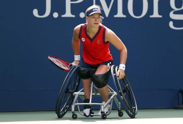 Diede de Groot of the Netherlands looks on as she plays against Yui Kamiji of Japan during their Wheelchair Women's Singles final match on Day...