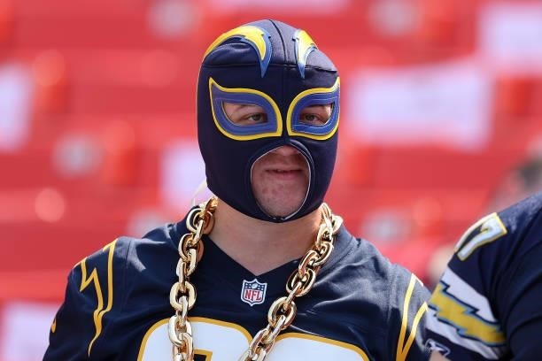 Los Angeles Chargers fan looks on prior to the game against the Washington Football Team at FedExField on September 12, 2021 in Landover, Maryland.