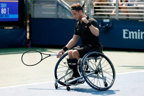 Alfie Hewett of Great Britain reacts as he plays against Shingo Kunieda of Japan during their Wheelchair Men's Singles final match on Day Fourteen of...