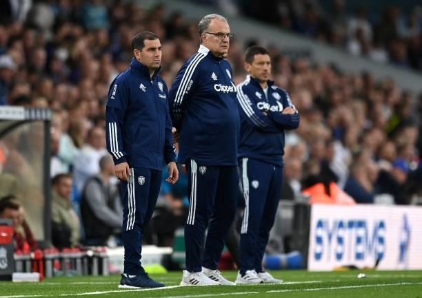 Marcelo Bielsa, Manager of Leeds United looks on during the Premier League match between Leeds United and Liverpool at Elland Road on September 12,...