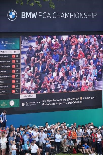 View of fans displayed on a screen at the 18th green during Day Four of The BMW PGA Championship at Wentworth Golf Club on September 12, 2021 in...
