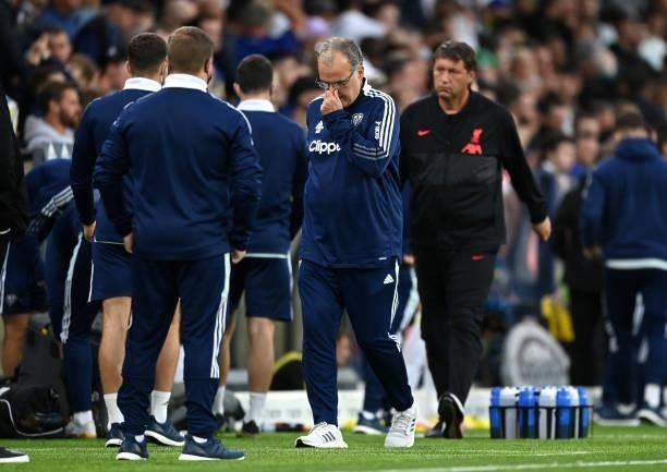 Marcelo Bielsa, Manager of Leeds United reacts following defeat in the Premier League match between Leeds United and Liverpool at Elland Road on...