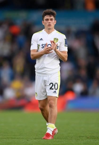Daniel James of Leeds United applauds the fans following defeat in the Premier League match between Leeds United and Liverpool at Elland Road on...