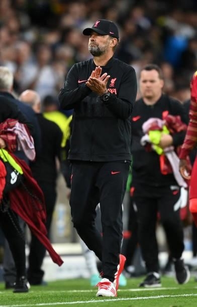 Jurgen Klopp, Manager of Liverpool applauds following victory in the Premier League match between Leeds United and Liverpool at Elland Road on...