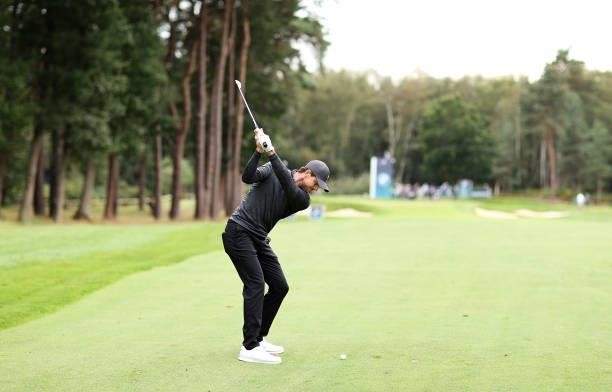 Laurie Canter of England plays his second shot on the 12th hole during Day Four of The BMW PGA Championship at Wentworth Golf Club on September 12,...