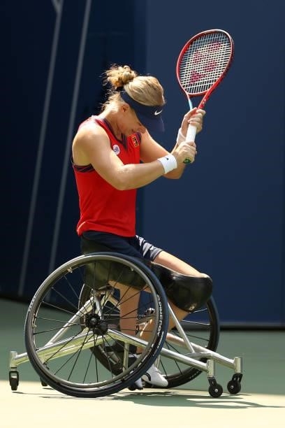 Diede de Groot of the Netherlands celebrate winning championship point against Yui Kamiji of Japan during their Wheelchair Women's Singles final...