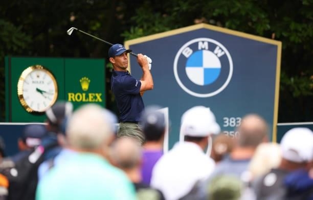 Billy Horschel of the United States of America tees off on the 16th hole during Day Four of The BMW PGA Championship at Wentworth Golf Club on...