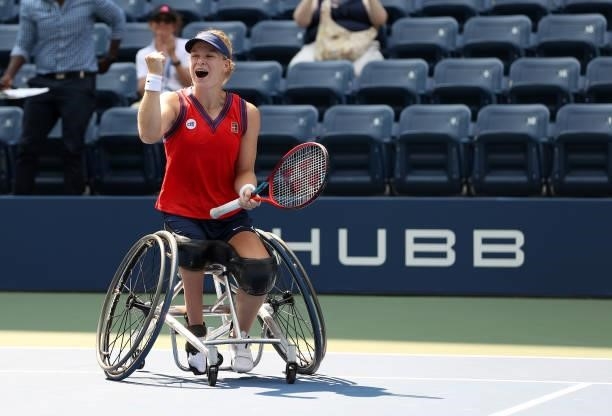 Diede de Groot of the Netherlands celebrate winning championship point against Yui Kamiji of Japan during their Wheelchair Women's Singles final...