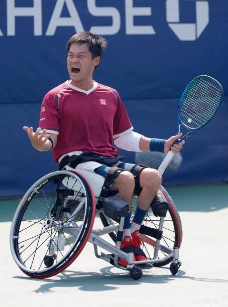 Shingo Kunieda of Japan celebrates winning championship point against Alfie Hewett of Great Britain during his Wheelchair Men's Singles final match...