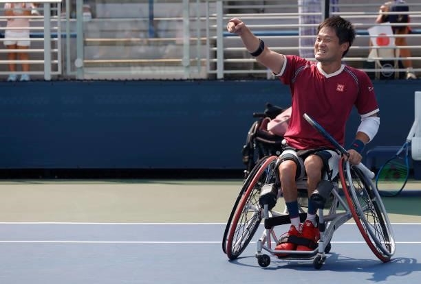 Shingo Kunieda of Japan celebrates defeating Alfie Hewett of Great Britain during their Wheelchair Men's Singles final match on Day Fourteen of the...