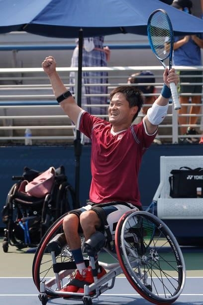 Shingo Kunieda of Japan celebrates defeating Alfie Hewett of Great Britain during their Wheelchair Men's Singles final match on Day Fourteen of the...