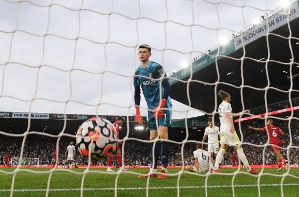 Illan Meslier of Leeds United looks dejected after conceding their side's third goal scored by Sadio Mane of Liverpool during the Premier League...