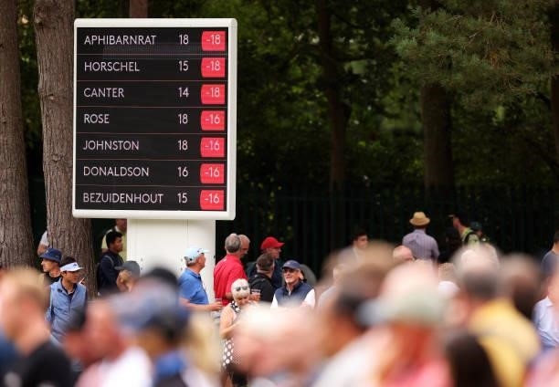 General view of scoreboards during Day Four of The BMW PGA Championship at Wentworth Golf Club on September 12, 2021 in Virginia Water, England.