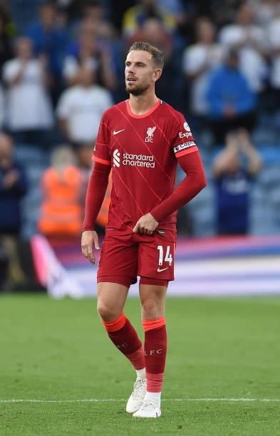 Jordan Henderson captain of Liverpool at the end of the Premier League match between Leeds United and Liverpool at Elland Road on September 12, 2021...
