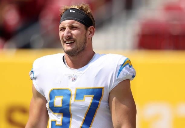 Joey Bosa of the Los Angeles Chargers looks on prior to the game against the Washington Football Team at FedExField on September 12, 2021 in...