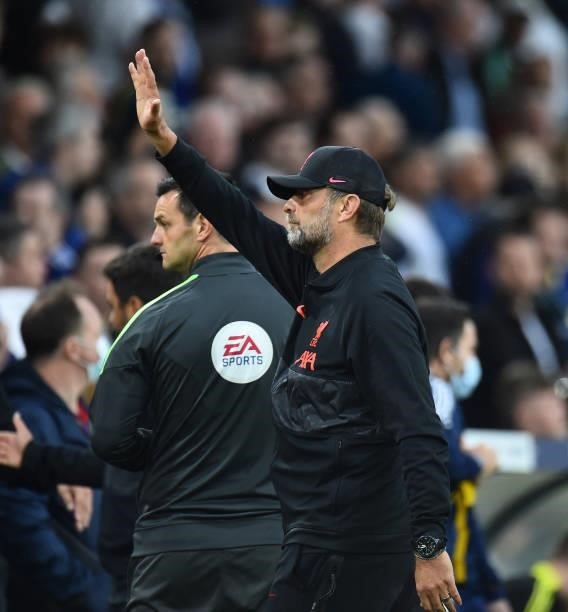 Jurgen Klopp manager of Liverpool at the end of the Premier League match between Leeds United and Liverpool at Elland Road on September 12, 2021 in...