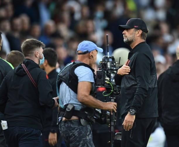 Jurgen Klopp manager of Liverpool at the end of the Premier League match between Leeds United and Liverpool at Elland Road on September 12, 2021 in...